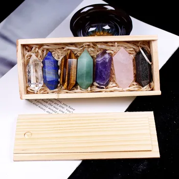 1set Leseni škatli Sedem Chakela kristalno Dekorativne Naravne Ročno Izrezljane Dvojno kristalno točk quartz palico steber za zdravljenje Palico