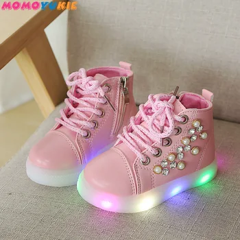 2018 Evropske visoke kakovosti diamond otroci škornji Gleženj Lep srčkan unisex dekleta čevlji vseh letnih časih srčkan LED osvetljeno otroci čevlji