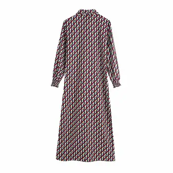 2020 NOVE Jesensko ženske obleke pisane tiskanja, lok poln rokav zavoj navzdol ovratnik gleženj-dolžina obleke ženska moda ženske oblačila