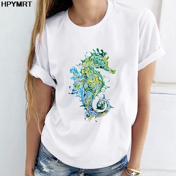 2020 Novo Poletje Harajuku Graphic Majica s kratkimi rokavi Ženske Hipokampusu Natisnjeni T-shirt Moda Priložnostne Tshirt Grafični Top Tee Ženska Oblačila