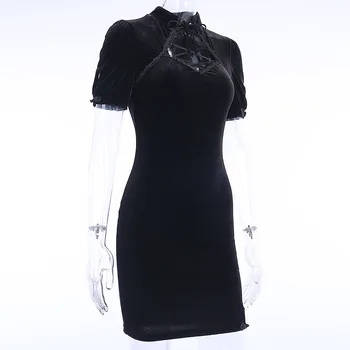 2020 Novo Črno gothic lolita Cheongsam Obleke Ženske, Harajuku Pomlad Poletje kratek rokav Votlih Si Obleko suh mini obleka
