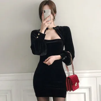 2020 Pozimi Koreja Sexy Klub Verige Mozaik Črno Mini Plašč Obleke