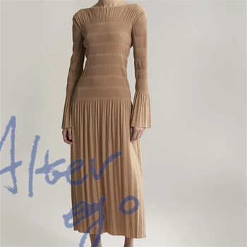 2020 pozimi Miyake naguban sežgati rokav obleka ženske priložnostne Poševnica vratu Ročno nabrano Vintage obleko Vitek pas francoski oblačila