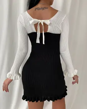2020 Ženske Modni Elegantno Seksi Rogov Robom Vezane Nazaj Plesti Bodycon Obleko z Dolgimi Rokavi Mini Skinny Mozaik Obleko Rebro-plesti