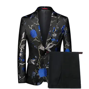 2021 Moda za Moške Obleke, Natisnjena Cvetlični Poroko Ženina Tuxedos Meri Suknjič Hlače Visoko Kakovost Formalnih Prom Stranka Obleko Nositi