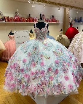 2021 Quinceanera Obleke Žogo Obleke 3D Cvetlični Flowrs Sweet 16 Obleko Dolžina Tal Pisane Zabuhle Stranka Obleke vestidos de 15 años