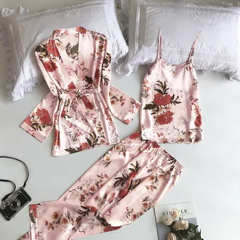 3PCS Ženske Pižame Nastavite Lady Posnemanje Svile Pyjama Določa Cvet Sleepwear samici Saten Homewear Z Odstranljivo Oblazinjeni