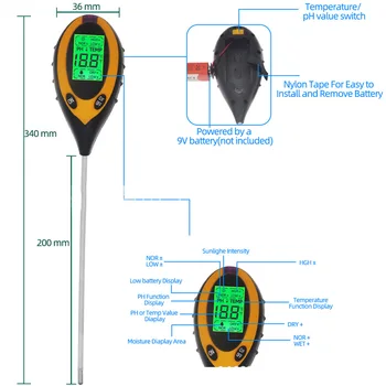 4 v 1 LCD Elektronski Digitalni Zaslon Tal Tester PH Vlage, Temperature Baterije Svetlobe Analyzer Test Meter za Vrt Krško