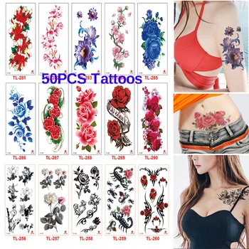 50Pcs 3D Lepote Cvet Nepremočljiva Začasne Tetovaže Za Ženske Dekle Body Art Rokav DIY, Bleščice, Nalepke, Ponaredek Tatoo Eksotična Lepota