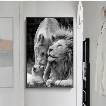 Afriške Lions Družino Platno Umetnosti Črne In Bele Živali, Plakatov In Fotografij Slike Na Steni Umetniške Slike Sobi Doma Dekor