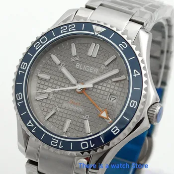 Bliger 41mm sivo izbiranje mens autometic watch datum okno Svetlobna Nepremočljiva Safirno Steklo Mehanske GMT watch