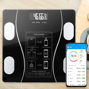 Bluetooth lestvice Bilance Sestave Telesa Analyzer Mase BMI Telesne maščobe in Teže, Kopalnica Smart Osvetljen Zaslon Lestvici brez baterije
