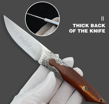 Brezplačna dostava Ročno Damask jekla Lovski Nož za Kampiranje Survival Nož Fiksno Rezilo Taktično Nož leseni ročaj