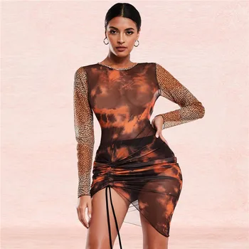 Clubwear novo tiskalno vidi skozi očesa obleke poletje obleko 2021 vitek, dolg rokav priložnostne high street stranka seksi mini obleka ženske