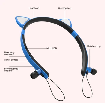 Dekle Lase Band Mačje Uho Brezžične Bluetooth Slušalke Z Magnetnim Vratu Visi Svetleča Slušalke Stereo Surround Hi-Fi Zvokom