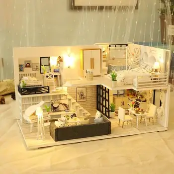 Diy Miniaturni Lutke S Pohištvo Kompleti Diy počitniška hiša Hiša Z Model Ročno izdelana Led Lutka Gradnjo Hiše Svetlobe Otrok N3G5