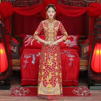 Dragon obleke nevesta poročni obleki kitajski slog kostum Phoenix cheongsam večerno obleko kažejo, oblačila slim Slog za Poroko