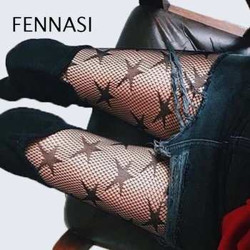 FENNASI Pentagram Vzorec ribja mreža Žensk, Pantyhose Erotično Črno Tiskanja Pantyhose Očesa Seksi Pregleden način Žensk Pantyhose