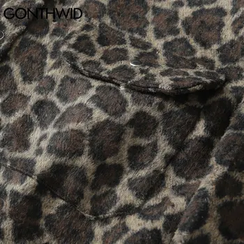 GONTHWID Debele Srajce Plašč Ulične Hip Hop Priložnostne Leopard Vzorec Prednji Žepi z Dolgimi Rokavi Vrhovi Harajuku Fashion Majica
