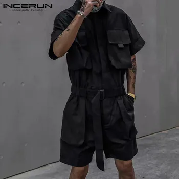 INCERUN Moda za Moške Cargo Kombinezon Barva Elegantna 2021 Ulične igralne obleke Short Sleeve Multi Žepi Hlače Svoboden Moški Jumpsuit