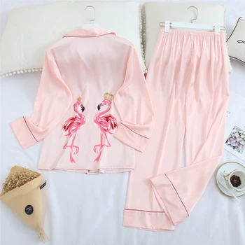 JULIJA JE PESEM Umetno Svilo 2 Kosa Pižamo Nastavite Ženske Jesen Pomlad Pink Flamingo Natisnjeni Pyjama Dolgimi rokavi, Hlače Sleepwear Obleko