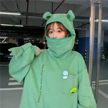 Kawaii Jeseni Ženski Srčkan Korejski Svoboden Dolg Rokav Hoodies Pomlad Sweatshirts Zeleni Pulover S Kapuco Moda Za Ženske Športna Majica