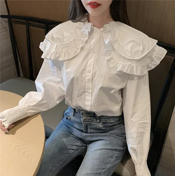 Korejski Jeseni Ruffles Ženske Bele Shirts2020 Nov Modni Priložnostne Dolg Rokav Peter pan Ovratnik Ženske Bluze za Ženske Elegantne Blusa