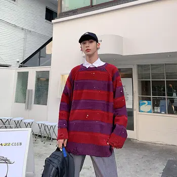 Korejski Slog Raztrgala Sweater Moški Modni Retro Priložnostne Črtasto Pleteno Puloverju Moških Divje Svoboden Pletenje Puloverji Mens Oblačila