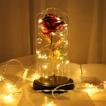 Lepota In Zver Rdečo Vrtnico V Stekleno Kupolo Na Leseno Osnovo Za valentinovega Darila LED Rose Svetilke Božič
