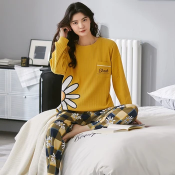 MELIFLE Jeseni Mode korejski Svile Pajama Set za Ženske, Bombaž Saten Atoff Doma Sleepwear Pozimi Toplo, Mehko Kawaii More