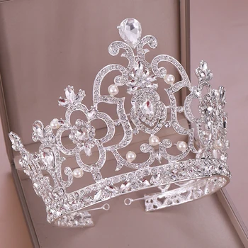 Modna Kraljica Diadem Kristalno Krono Poročni Dodatki Za Lase Okraski Kristalno Pearl Tiara & Krono Kralja Glavo Nakit, Poročne Tiaras