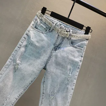 Modra nosorogovo suh ženske jeans poletje novo visoko pasu žep trdna slim seksi ženski jeans vrh kakovosti
