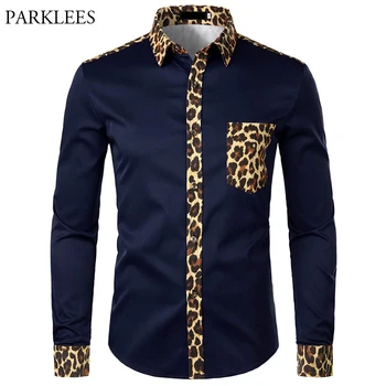 Moški Splice Leopard Tiskano Majico s Pocket Moških Obleko Srajco z Dolgimi Rokavi Moški Modni blagovne Znamke Mens Gumb Srajce Camisas Hombre ZDA