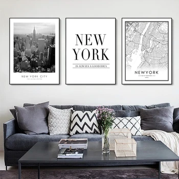 New York Zemljevid Sodobno Mesto, Prizor, Platno, Slike Črno-Bele Stene Umetniških Fotografij, Plakatov in Fotografij za Dnevni Sobi Doma Dekor