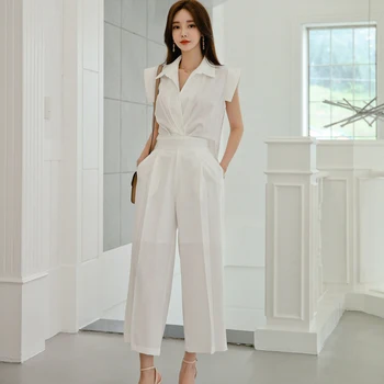 Nov prihod moda poletje jumpsuits ženske elegantne šifon brez rokavov urad dama temperament priložnostne preprosto belo jumpsuits