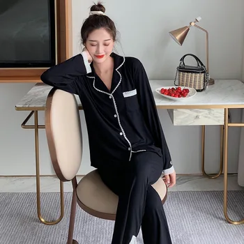 Novo Koreja Sladko Modal poletje sleepwear ženske pižame določa modni črno Dolg rokav priložnostne pižame ženske sleepwear pijamas