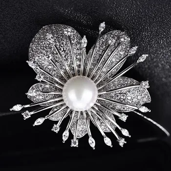 OKILY AAA Cirkonij Cvet Pin in Broške Srebrne barve Simulirani Pearl Dekoracijo Broška za Ženske Poročni Nakit Dodatki
