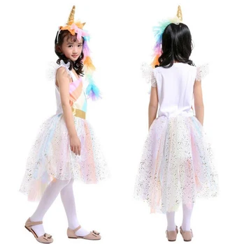 Otroci dekliška Samorog obleko za noč Čarovnic počitnice stranka cosplay obleko +glavo malo dekleta mavrica unicornio princesa vestido