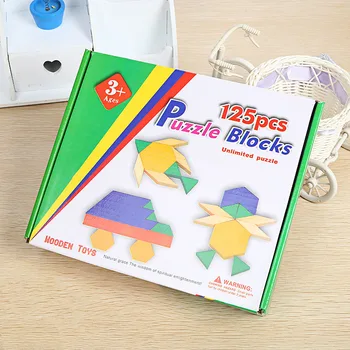 Otrok izobraževalne igrače, 125 kosov gradnikov baby tangram geometrijske inteligence odbor otroške lesene sestavljanke