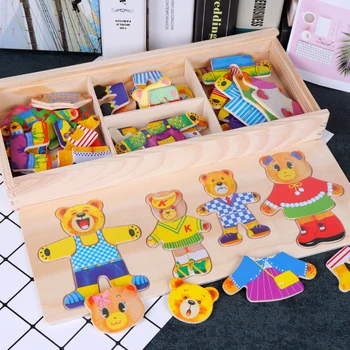 Otroška igrača Komplet Dojenček Izobraževalne Tabela igro Bear Menjava Obleke Oblačenje, lesene Sestavljanke Uganke, Lesene Igrače za Otroke