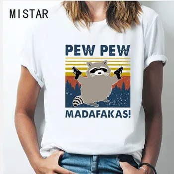 Pew Pew Madafakas Ženske T Shirt tiskanje Novost Smešno Mačka Risanka Tshirt Harajuku Kratek Rokav Živali T-shirt Poletne Obleke