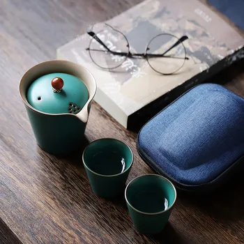 PINNY Japonski Grobe Keramike Potovanja Čaj, Set Keramičnih Glaze Kung Fu Čaj, Set 1 Lonec 2 Skodelice Z Vrečko Prenosni Čaj Storitev