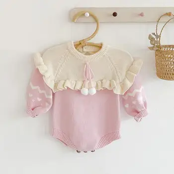 Pletene Baby Bodysuit Dekle Z Dolgimi Rokavi Pletene Jumpsuits Jeseni Otroci Jopica Baby Girl Obleke