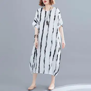 Plus Velikost Prugasta Poletje korejski Plaža Obleko Ženske 2020 Bombaž Letnik Ženske Obleke Prevelike Priložnostne Dolgo Obleko 4XL 5XL 6XL 7XL