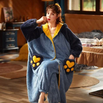 Plus Velikost Ženske Sleepwear Srednje Slog Pozimi Pižamo Nastavite Svoboden Različica Toplo Stopnjevanje Pižame Plišastih Nightgown Hooded