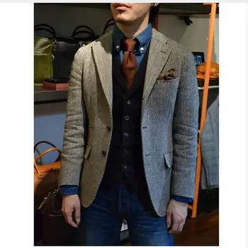 Prilagojene Letnik Sivo Mens Tweed Jakne Moških Blazer Moški Jakna Za Prosti Čas Poslovnih Nov Slog Jopič Klasična Moda Obleko Jakne
