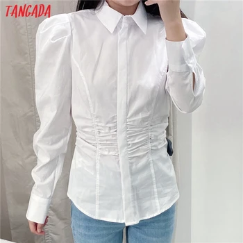 Tangada ženske bele naguban tunika srajce puff long sleeve solid elegantna urad dame delo obrabe bluze QN32