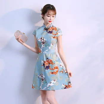 Tradicionalno Kitajsko Tiskanja Cvet Cheongsam Ženske Klasično Ročno Gumb Qipao Azijskih Eleganten Casual Obleko Saten Slim Vestidos