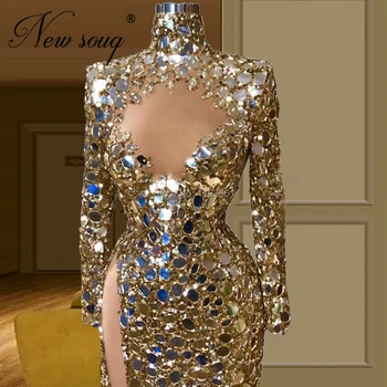 Vestidos De Noche Arabski Zlato, Kristali Večerne Obleke 2021 Po Meri Sparkly Dubaj Stranka Obleko Beading Maturantski Halje Celebrity Obleko
