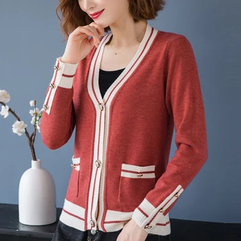Visoka kakovost knited jopico pulover Ženske Priložnostne puloverji Ženske Gumbi Long sleeve jopica 2020 plašč Jeseni žep Vrhovi Femme